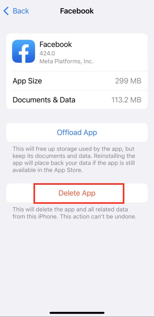 4.png iPhone Facebook app details with Delete App button highlighted to reinstall fresh and clear session expired errors on iOS
