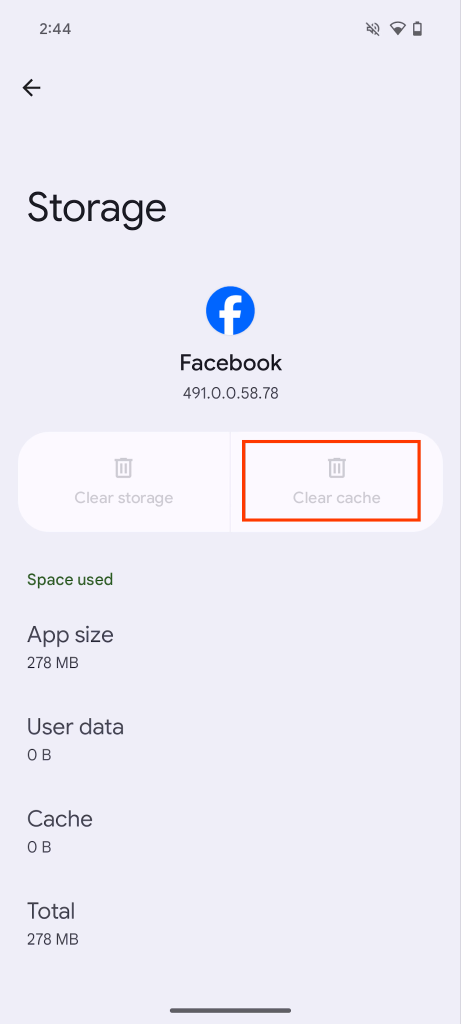 2.png Android Storage screen for Facebook app with Clear cache button highlighted to remove cached data causing session expired