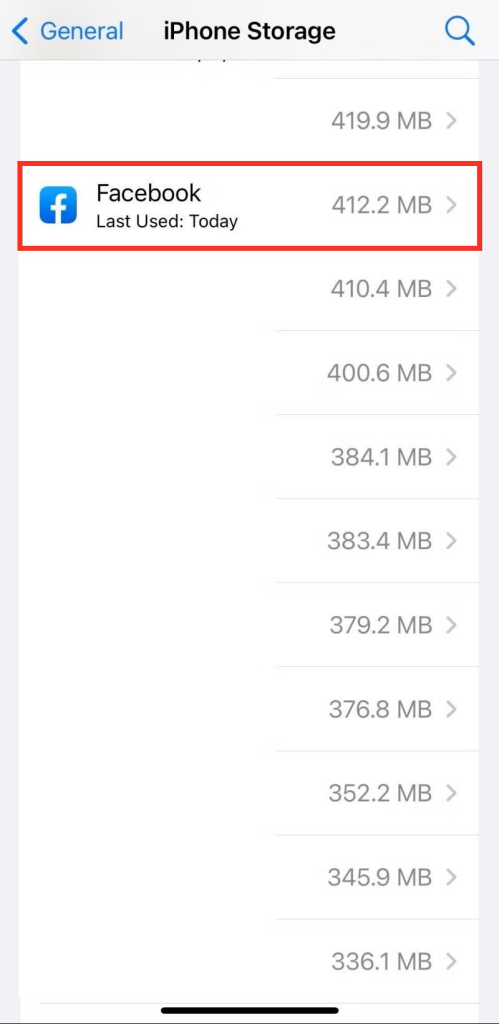3.png iPhone Storage list with Facebook app entry selected before Delete App step to fix Facebook session expired on iOS
