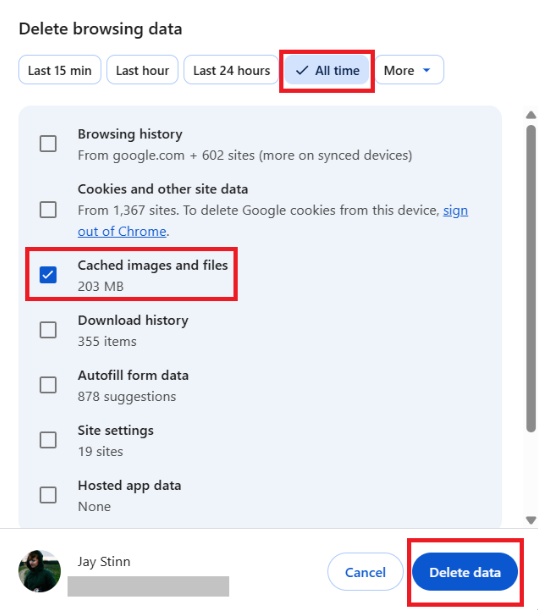6.png Chrome Delete browsing data dialog with All time range and Cached images selected before clearing to fix session expired
