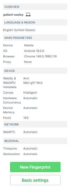 Kameleo Overview panel with a mobile Android 16 fingerprint using Chrome browser and Arm Mali GPU