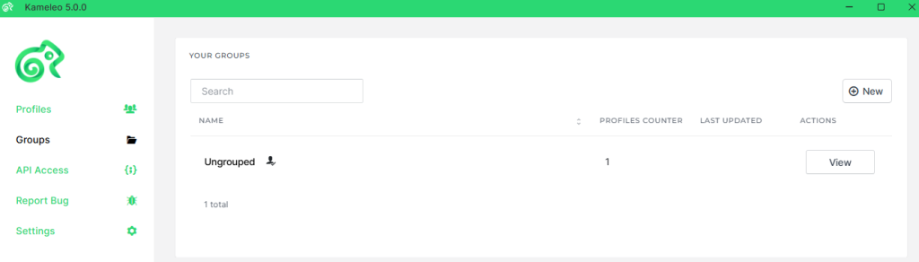 Kameleo Groups tab with the Ungrouped profile group and New button for organizing browser profiles