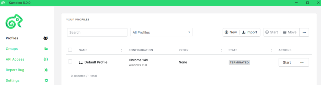 Kameleo Profiles dashboard listing a Default Profile on Chrome 149 with proxy and start controls