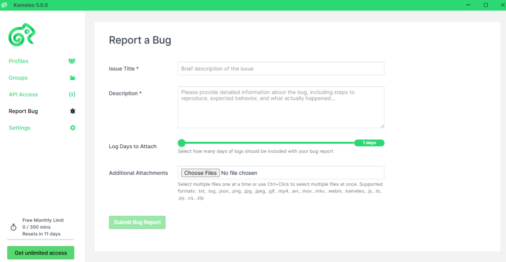 Kameleo Report a Bug form with issue title, description and log attachment fields for support tickets