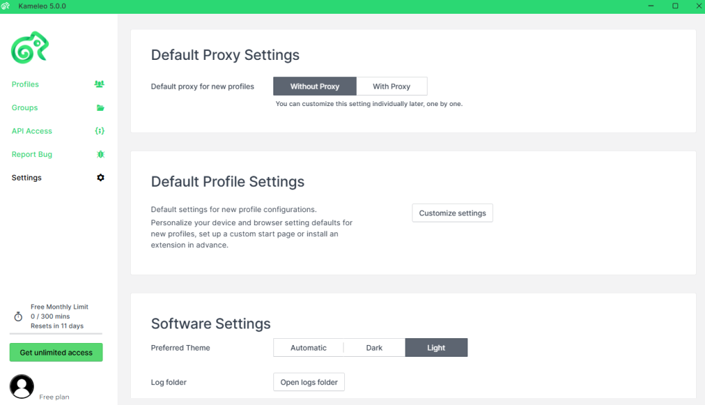 Kameleo Settings page with default proxy, profile defaults and theme options under Software Settings