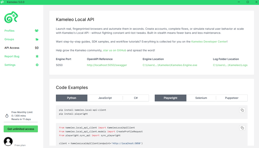 Kameleo Local API page with Python and Playwright code examples for automating antidetect browsers