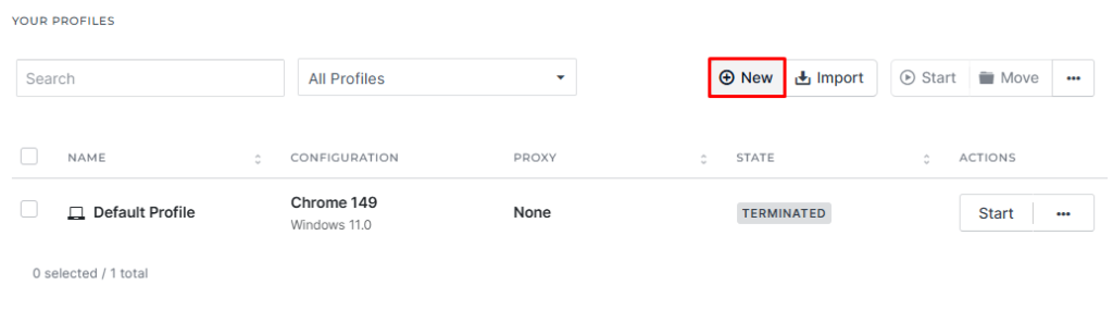 Kameleo Profiles list with the New button highlighted to create a fresh antidetect browser profile