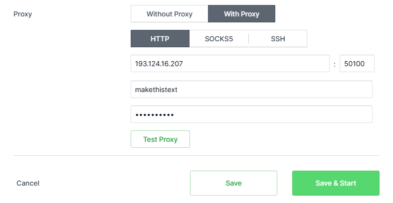 Kameleo proxy setup entering HTTP host, port and login under the With Proxy tab to connect a proxy