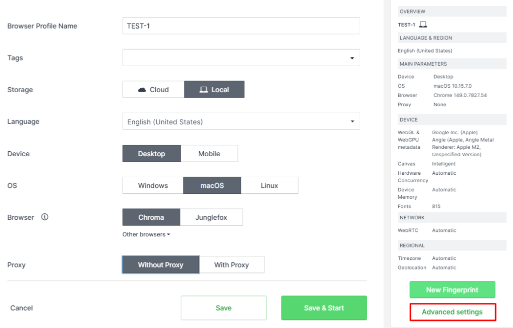 Kameleo new profile form setting name, macOS desktop device and browser before Advanced settings