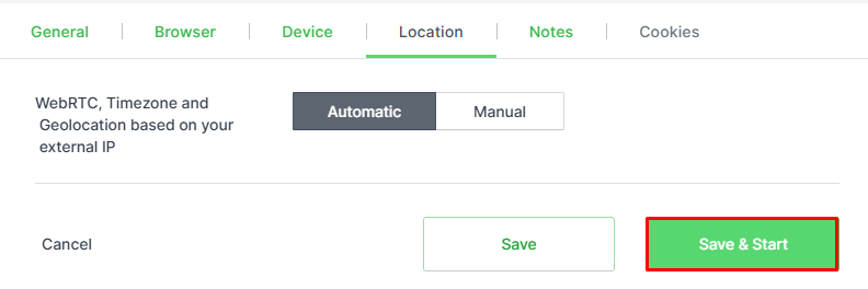 Kameleo Location tab with WebRTC, timezone and geolocation set to Automatic before Save and Start
