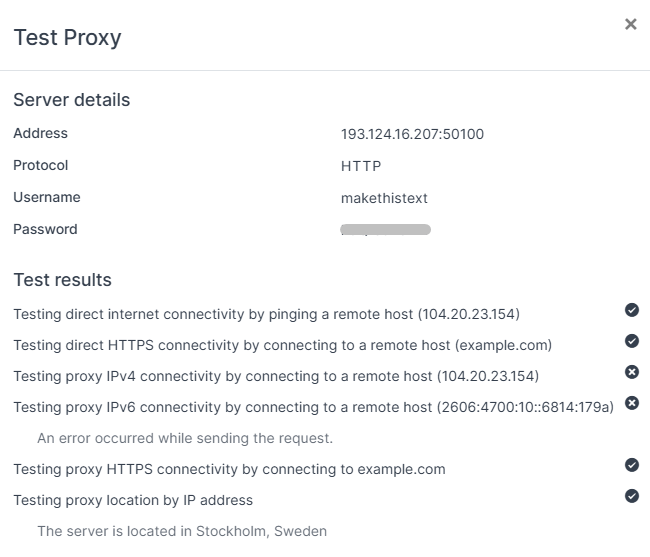 Kameleo Test Proxy window with HTTP server details and IPv4, IPv6 and HTTPS connectivity test results