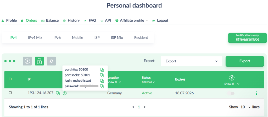Proxy-Seller personal dashboard IPv4 tab with port, login and active German proxy IP for Kameleo