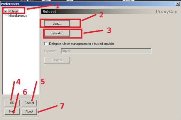 Find in the Ruleset menu. In the «Load» item, load the settings. Save the current ProxyCap settings. Click «OK» button