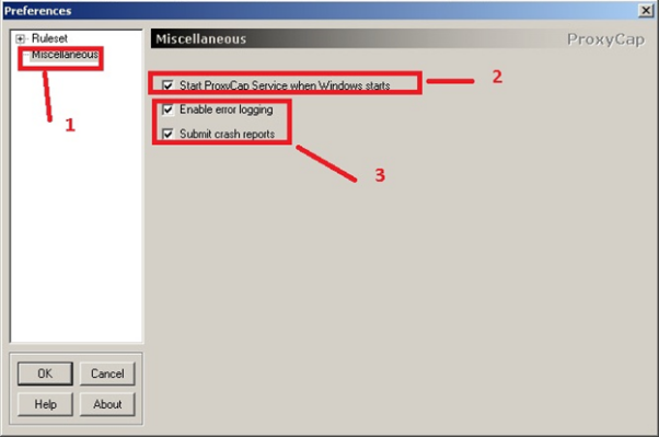 Open the Miscellaneous menu. Mark «Start ProxyСap ...» to select the start automatically or manually, then «Enable error logging» and «Submit crash reports» to report errors. Press the «OK» button