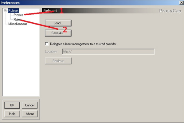 Click on the cross next to the Ruleset. Pay attention to «Proxies» and «Rules»
