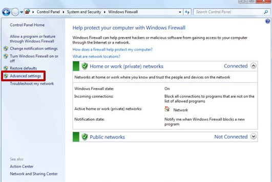 Open the Start panel. Find the item «All Control Panel Elements», go to the «Windows Firewall» folder and go to «Advanced Settings»