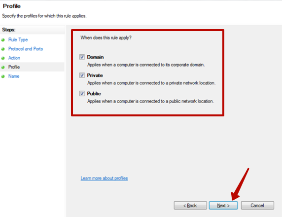 Select profiles for which the rule applies and go further