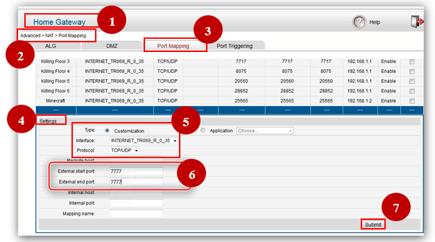 Open the «Home Gateway» window, go through the Advanced - NAT - Port Mapping scheme and in the «Settings», select the «Customization» port type, select the necessary connection interface and protocol. Then enter the port data twice. Click «Submit»