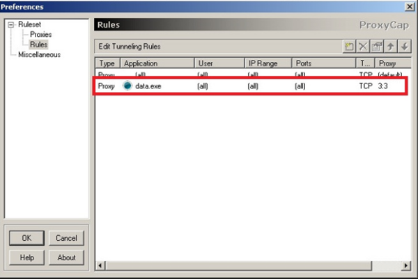 The new rule is that the data.exe program will work through proxy 3, the rest of the programs through the default one