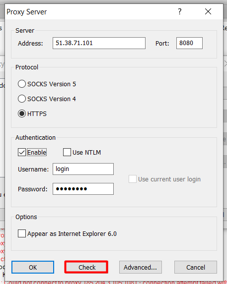 Press the «Check» button to test the work of the proxy server