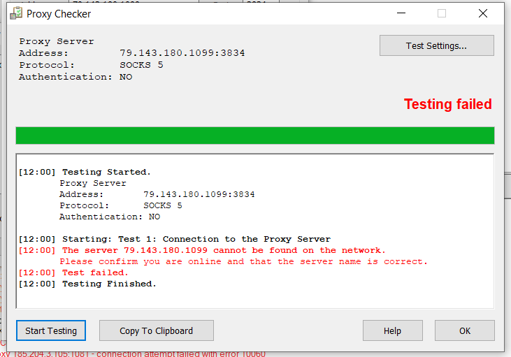 If you see «Testing Failed» after doing the test, you need to replace the server or adjust the IP address, port, username, and password.