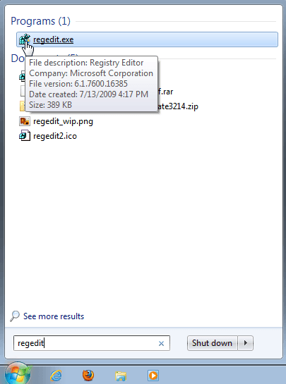 Run regedit.exe. Press the «Start» button and type in