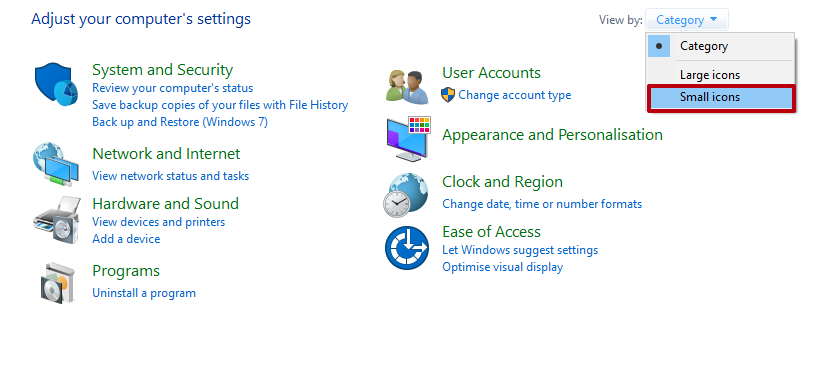 Open the «Control Panel». In the «Category» select «small icons»