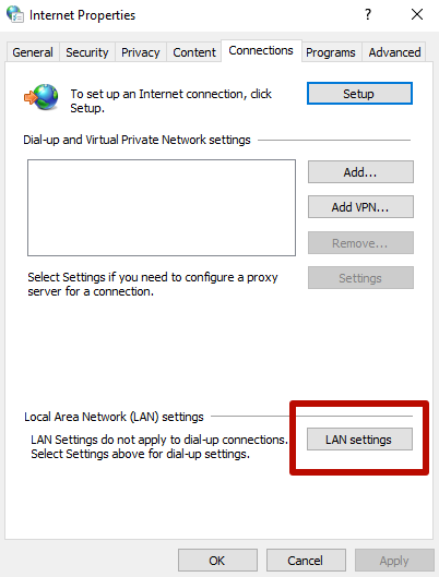 Go to the «Connection» tab, put a mark in front of the inscription «network setup»