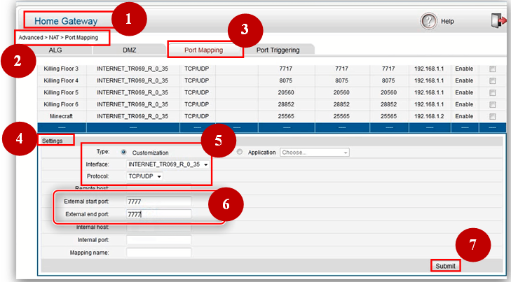 в Windows откройте окно «Home Gateway», перейдите по схеме Advanced — NAT — Port Mapping и в «Настройках» («Settings») отметьте тип порта «Customization». Выберите необходимые интерфейс подключения и протокол. Затем два жды введите данные порта. Нажмите «Submit»