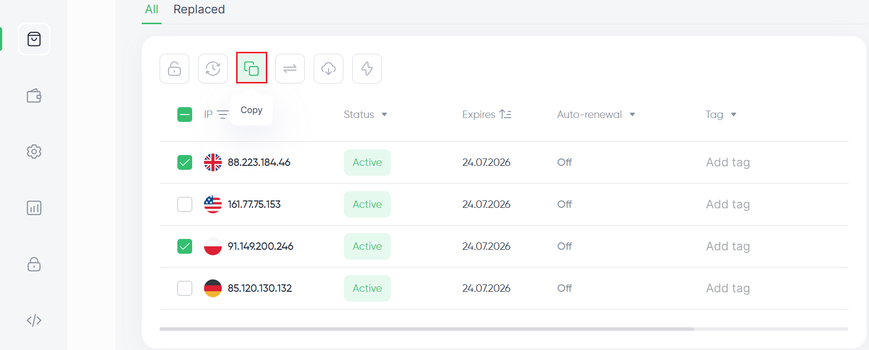 Proxy list view with copy button for selected residential proxy addresses