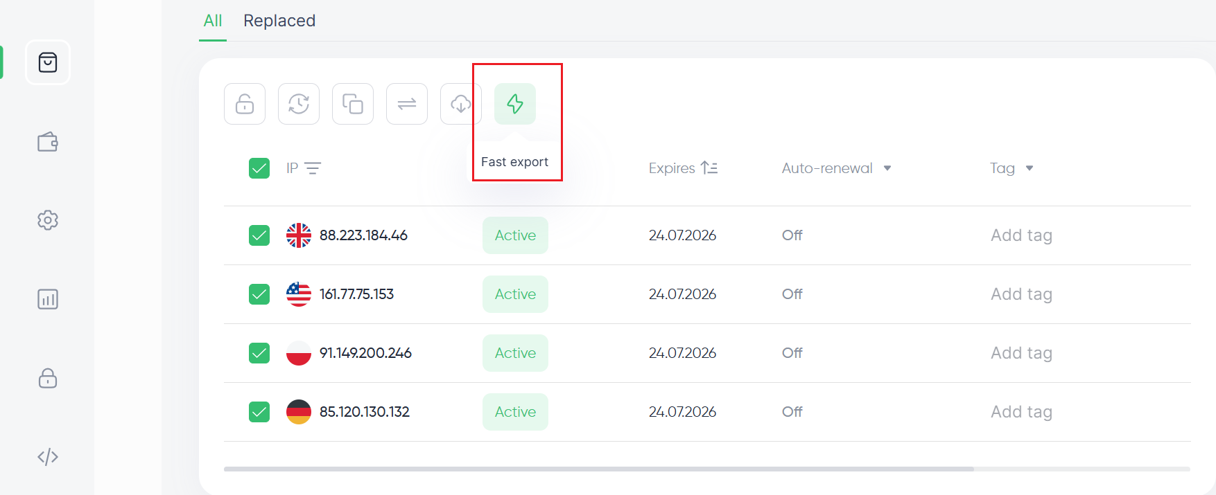 Quick export button for selected residential proxy addresses