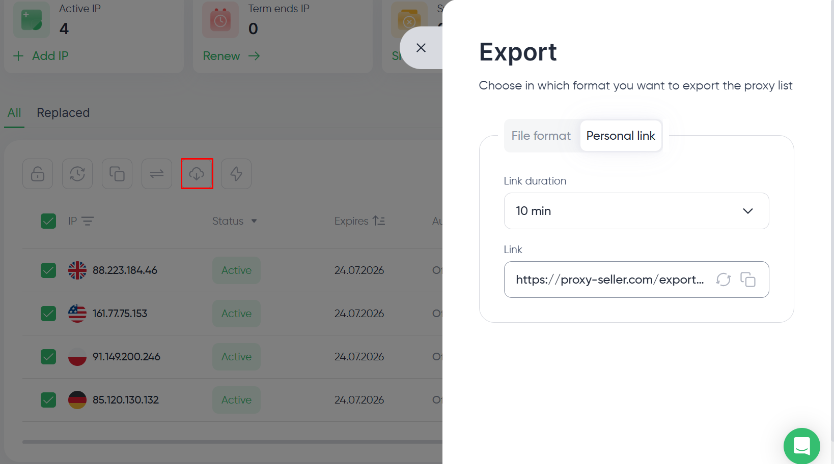 Shareable export link in dialog window with expiration duration selector for proxy address list