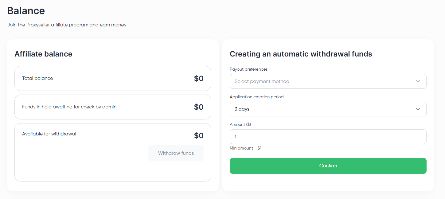 Affiliate profile page Balance card and Automatic withdrawal card with Confirm button
