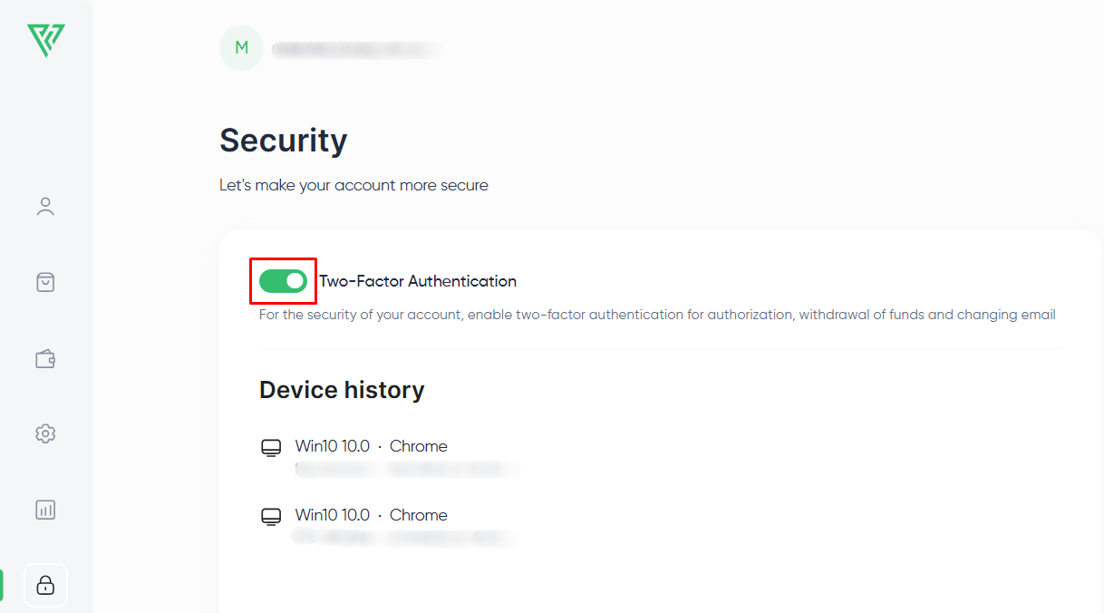 Security tab with Two-Factor Authentication turned on