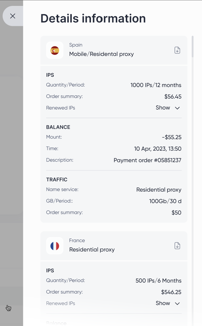 Transaction details breakdown with proxy type, quantity, order total, and invoice download