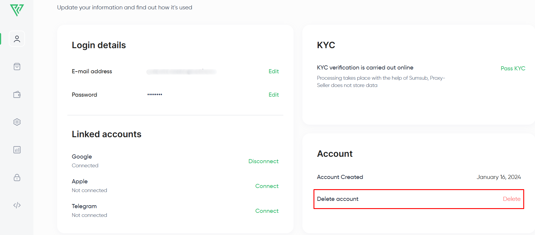 Profile page account deletion request form with an email verification code input field