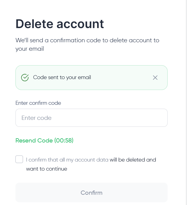 Delete account settings with email confirmation field and Confirm button