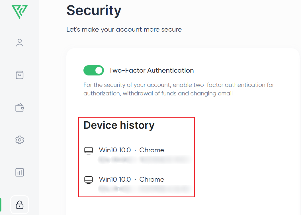 Security tab showing device login history with browser, location, and login date