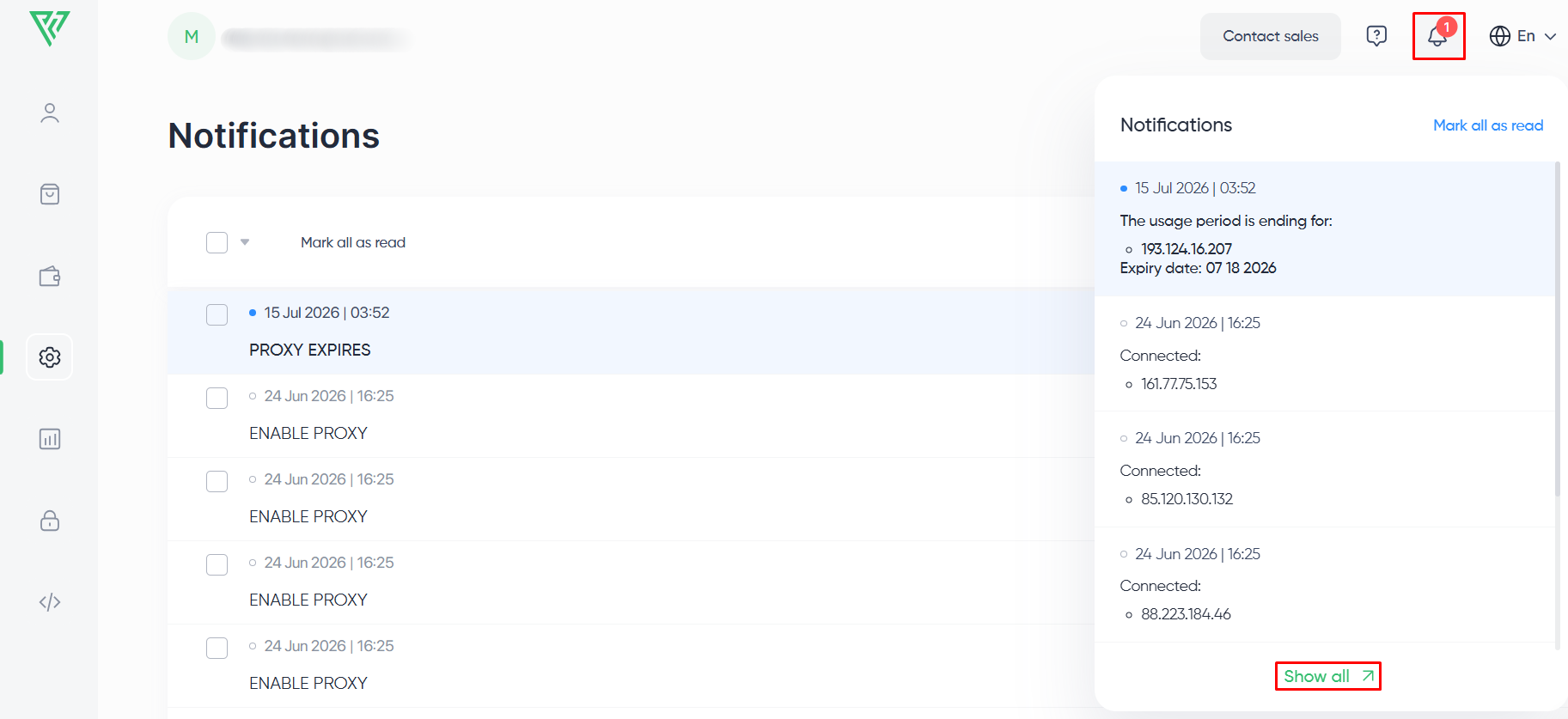 Notifications page listing proxy activation events with timestamps and read status
