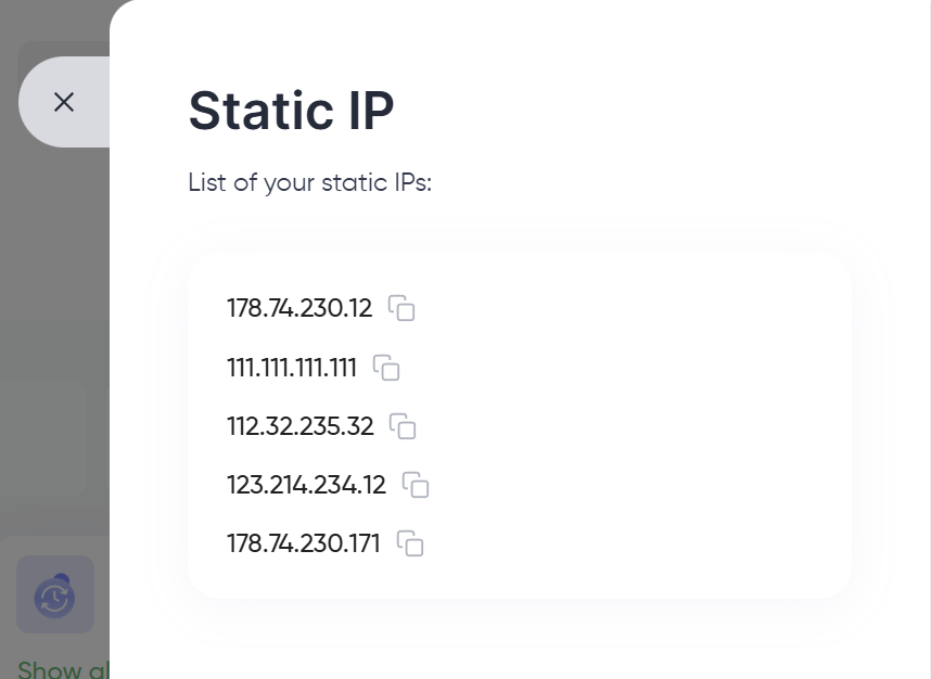 Authorized IP addresses drawer listing all IPs allowlisted for proxy authentication
