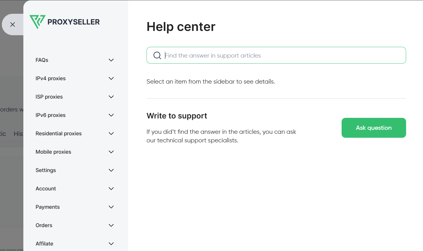 Help Center page with search bar and guidance categories browsable by proxy type