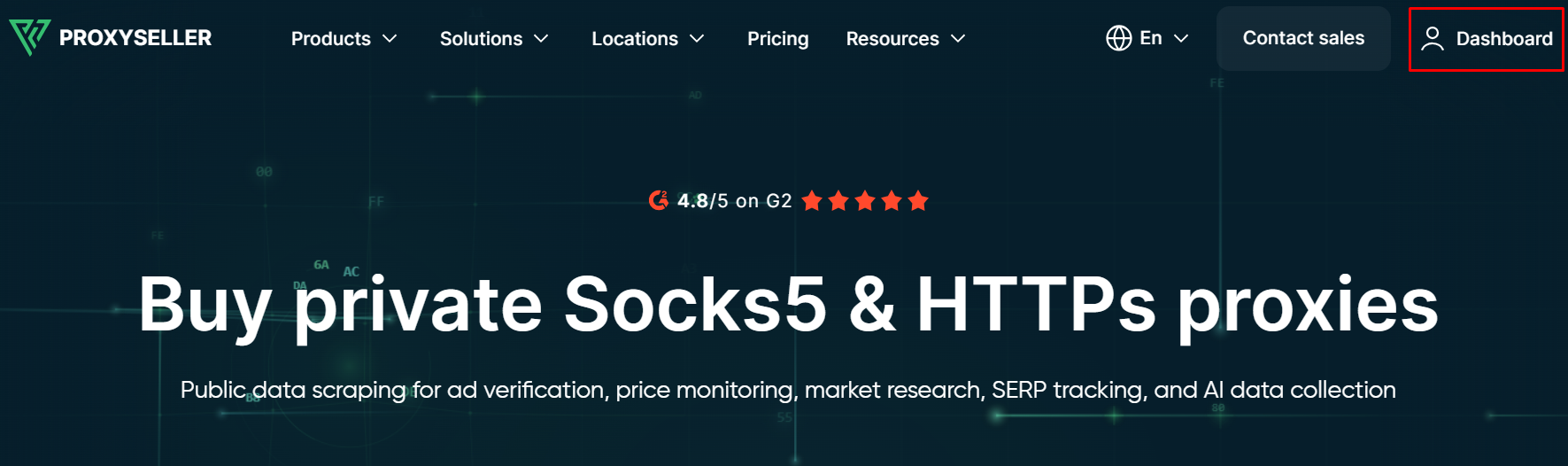 Proxy-Seller dashboard top navigation bar with Log in tab