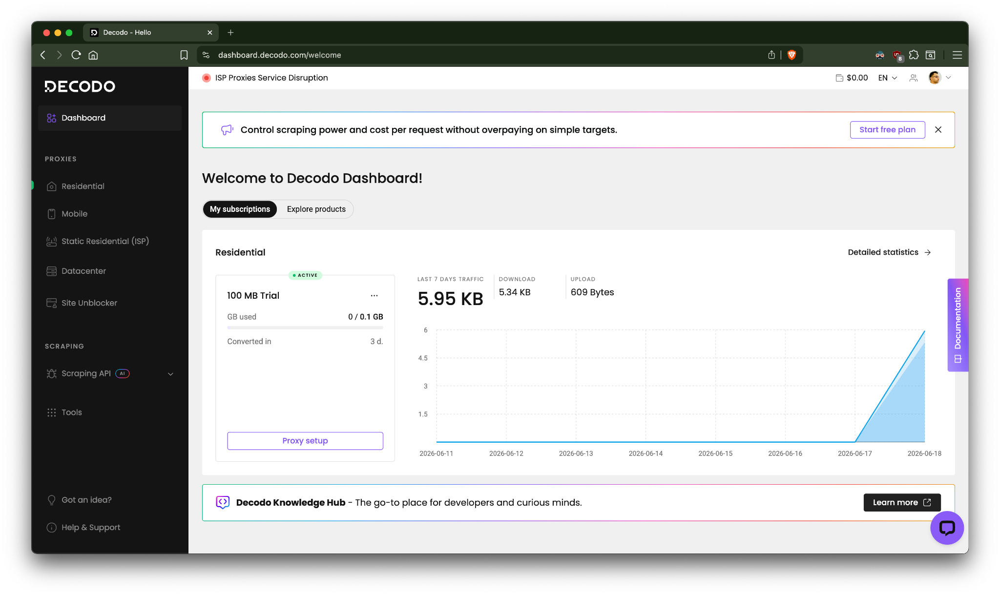 Decodo dashboard showing residential proxy subscription, traffic usage stats, and proxy setup button