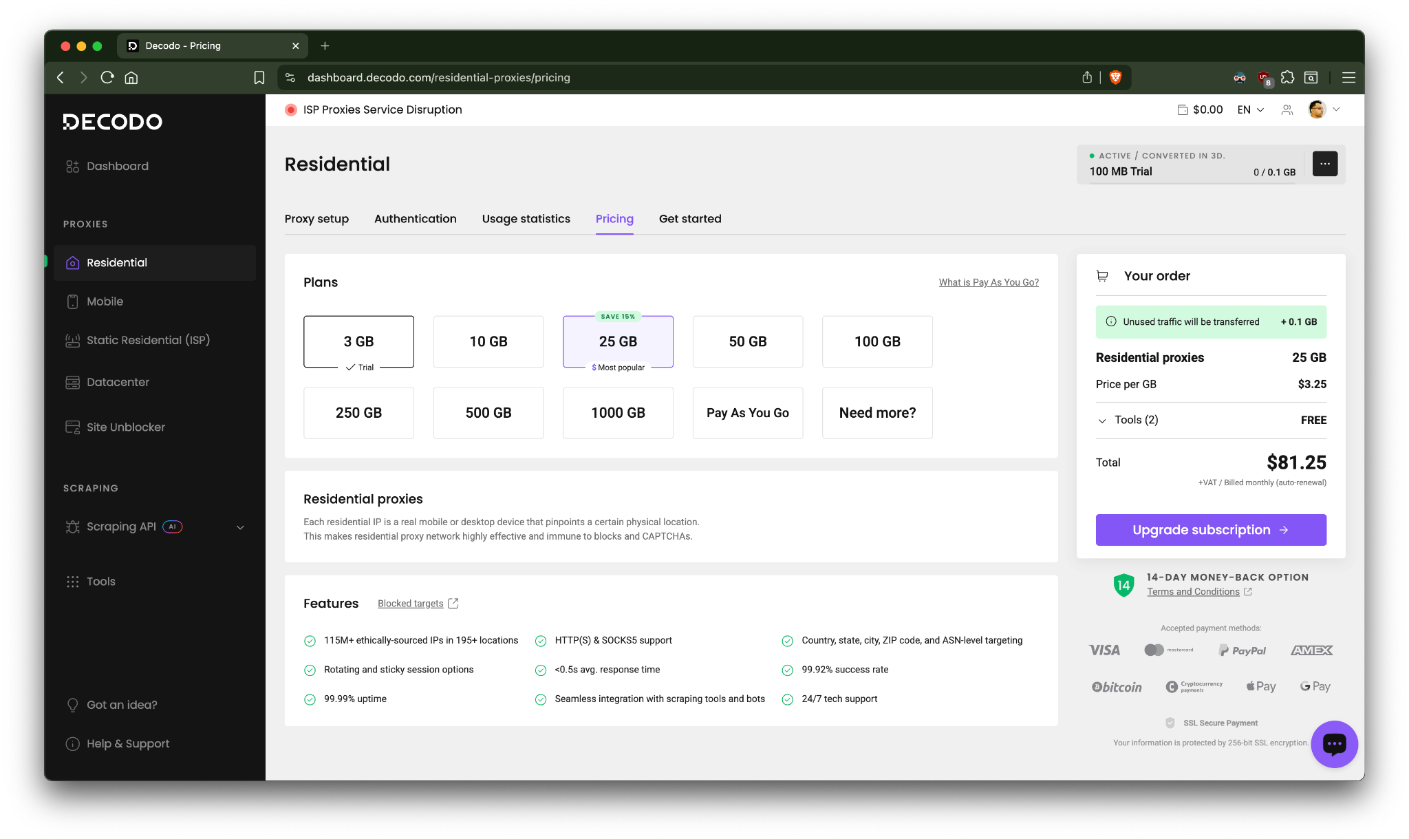Decodo residential proxy pricing plans ranging from 3GB trial to 1000GB, with per-GB rate and features list