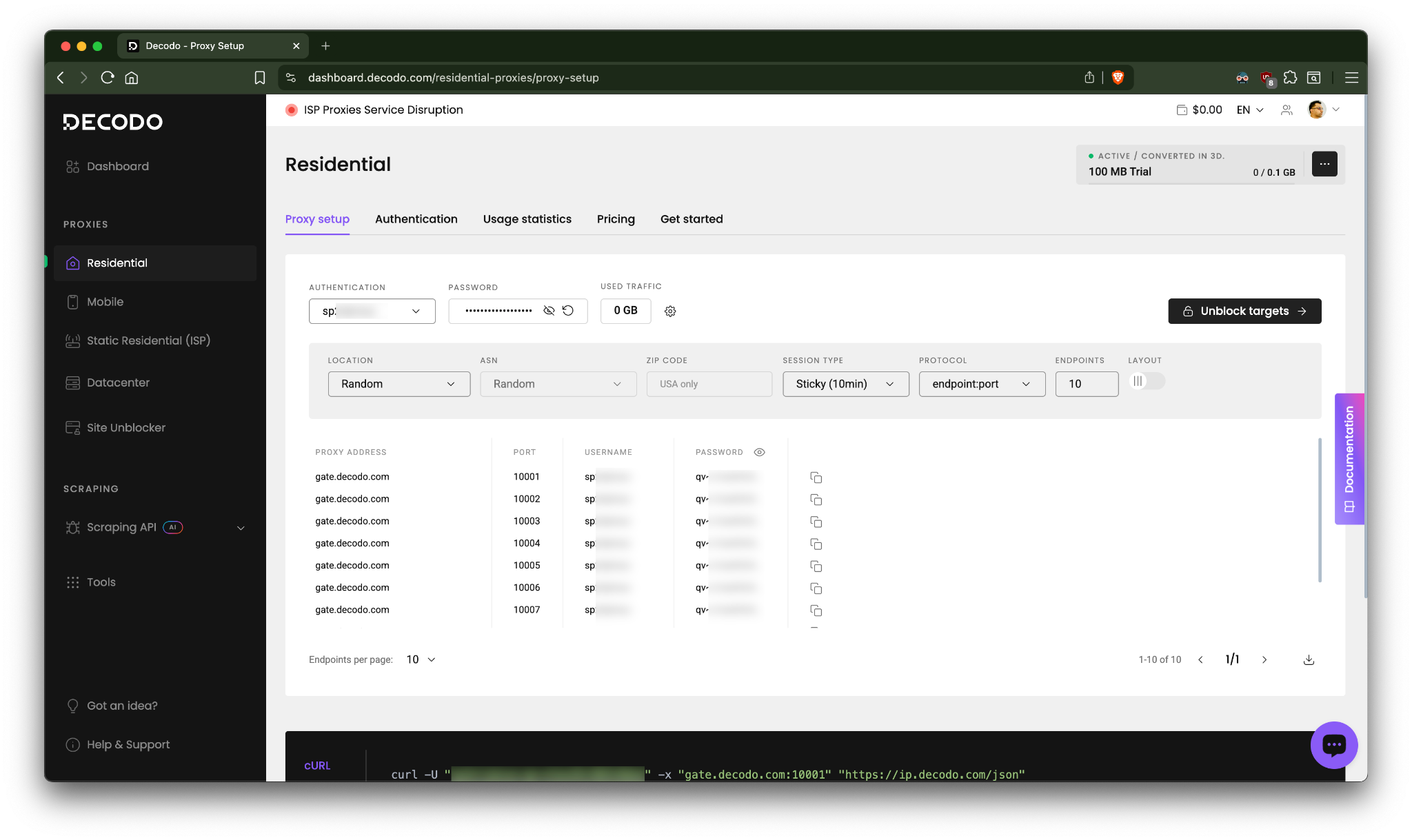 Decodo residential proxy setup screen showing endpoint list, session type selector, and cURL command for configuration