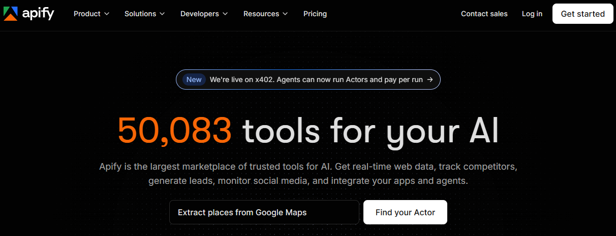 Apify homepage banner with 50,083 AI tools marketplace for real-time web data and lead generation