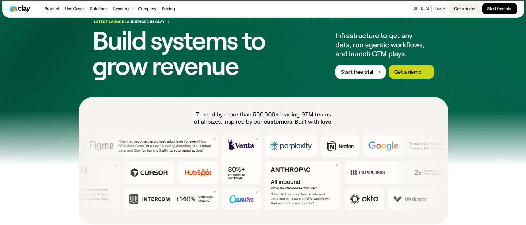 Clay homepage with GTM revenue infrastructure trusted by 500,000+ teams including Figma and HubSpot