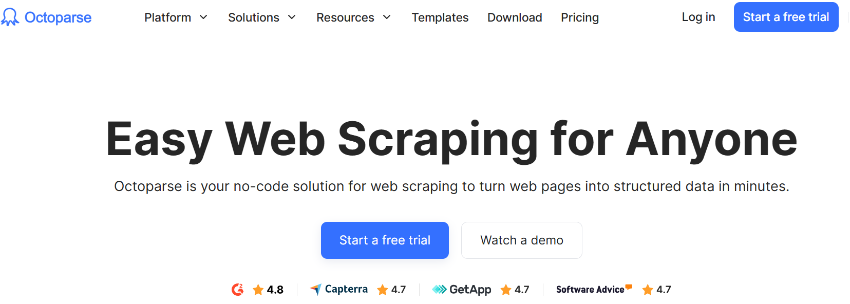 Octoparse homepage introducing no-code web scraping tool with 4.8 G2 rating for structured data output