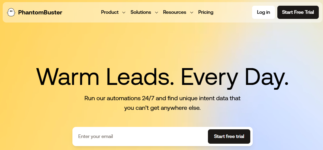 PhantomBuster homepage promoting 24/7 lead generation automations for unique warm intent data