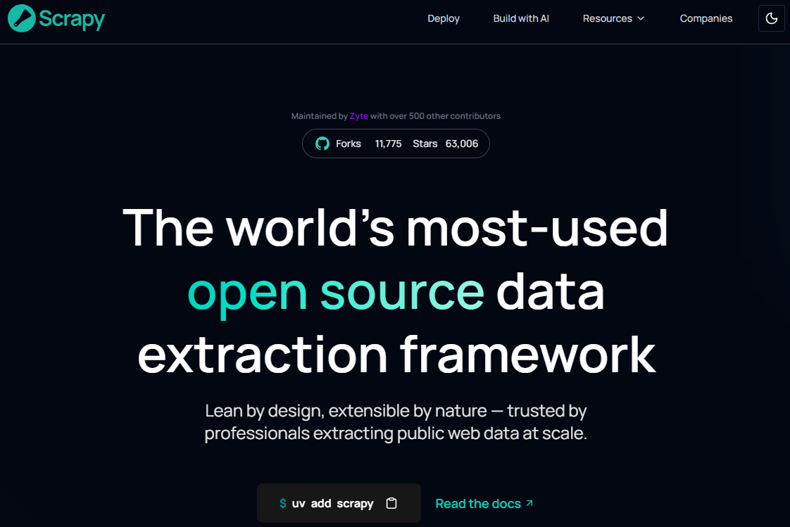 Scrapy homepage featuring open source data extraction framework with 63,006 GitHub stars for web scraping